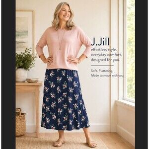 J Jill Navy Floral Midi Skirt LP Petite Knit Pull On A Line Stretch Cottage Boho